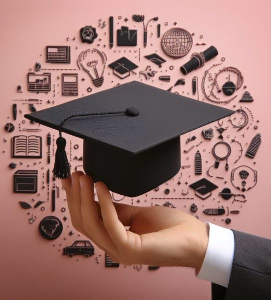 Hand holding graduate cap on color background. ai generative.