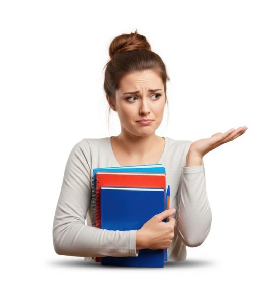 Confused student holding colorful textbooks
