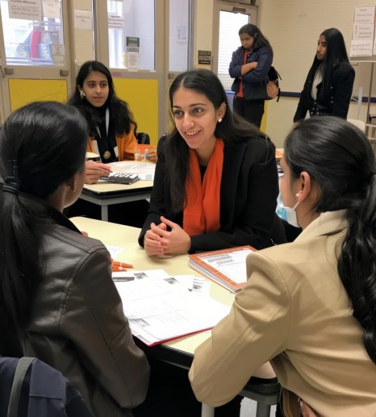 Women at a professional networking event engaging in conversation and taking notes, focusing on collaboration and career development.