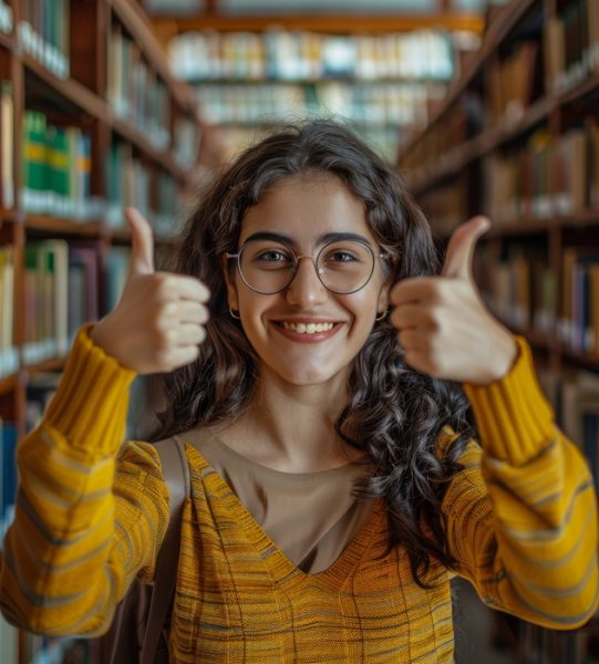 Student Girl Showing Thumbs Up, Young Woman in Library with Positive Gesture, Successful Excellent Learner, Scholarship, Examination Result, Good Quality Education Concept, Generative AI Illustration