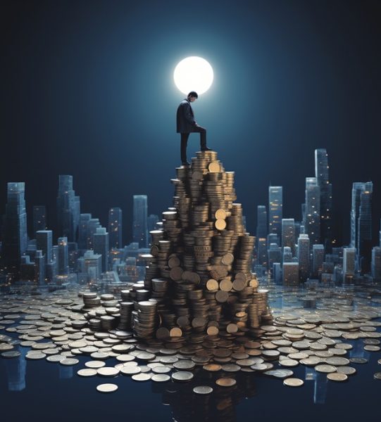 people business idea on top of stack of coins, in the style of atey ghailan, chen zhen, dark silver and dark navy, reflections, cinestill 50d, relief