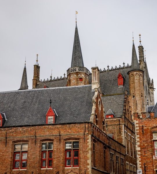 Gothic architecture in Flanders. Palace spiers in Bruges, Belgium