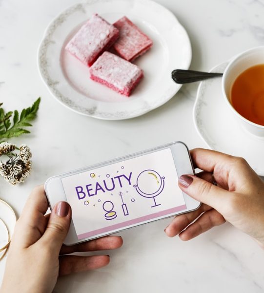 Illustration of beauty cosmetics makeover skincare on mobile phone