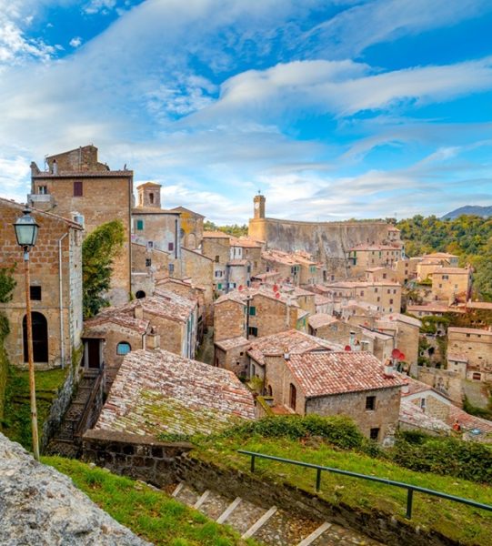 Medieval town Sorano with old tradition buildings. Old small town in the Province of Grosseto, Tuscany (Toscana), Italy, Europe
